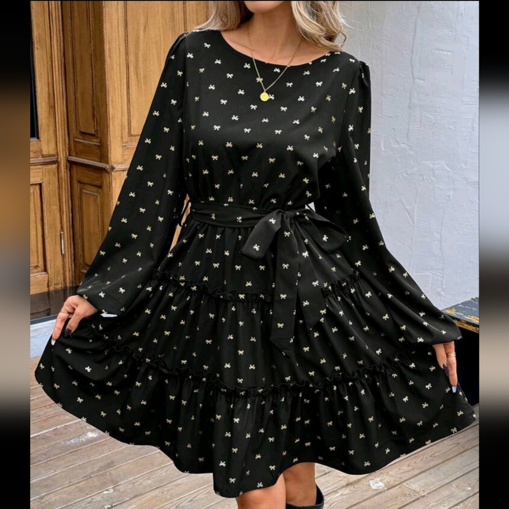 Valentine Day Black Base Solid Butterfly Print Lantern Sleeve Layered Hem Cinche